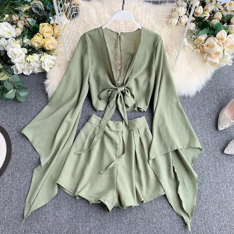 New Design Sense Bell Sleeve Chiffon Shirt High Waist Wide Leg Shorts Western Style Two piece Suit Green - Shop at LoveMi