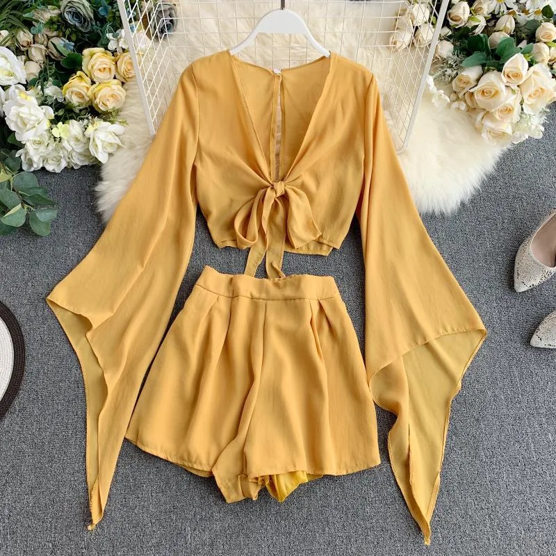 New Design Sense Bell Sleeve Chiffon Shirt High Waist Wide Leg Shorts Western Style Two piece Suit Yellow - Shop at LoveMi