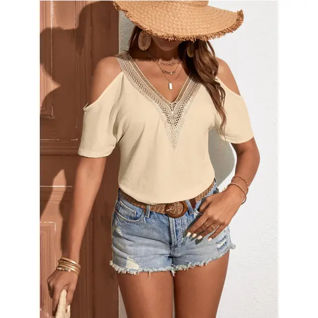 Summer New V neck Casual Hollow Sleeve Short Sleeve Solid Color Top Apricot - Shop at LoveMi