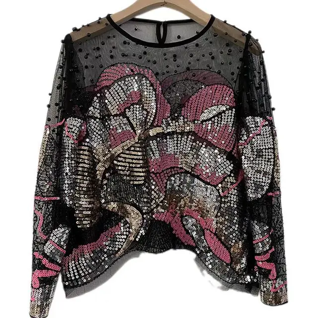 Light Luxury Beaded French Fashion Versatile Handmade Sequin Top Light Pink - Shop at LoveMi