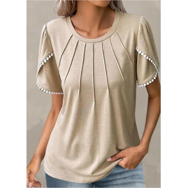Summer Round Neck Tassel Tulip Sleeve T shirt Casual Top For Women Apricot - Shop at LoveMi