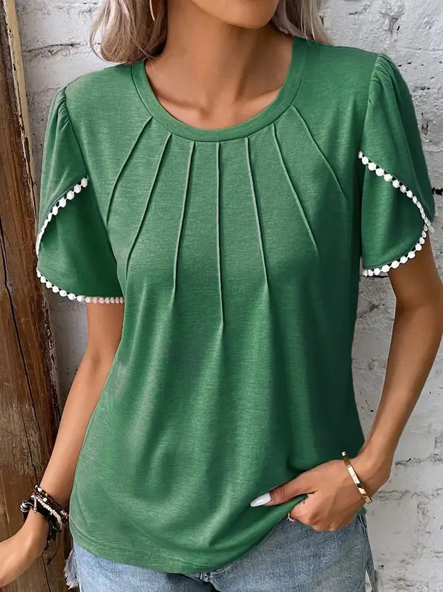 Summer Round Neck Tassel Tulip Sleeve T shirt Casual Top For Women Green - Shop at LoveMi