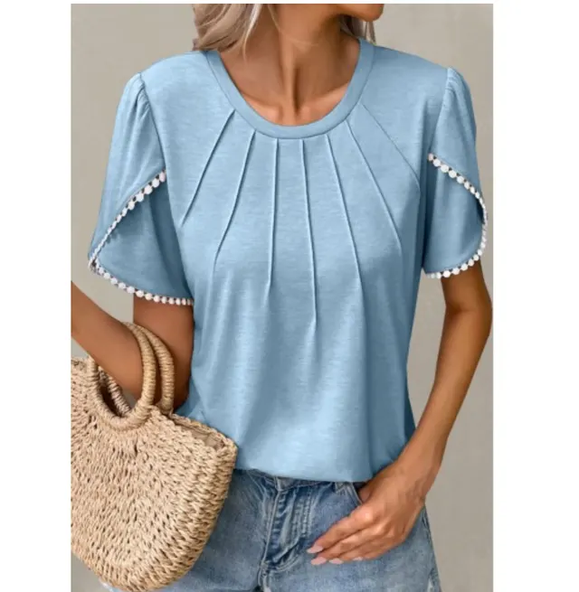 Summer Round Neck Tassel Tulip Sleeve T shirt Casual Top For Women Peacock Blue - Shop at LoveMi