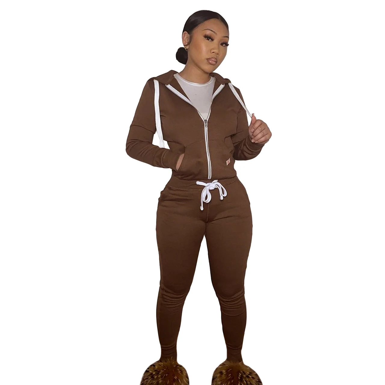 Brushed Hoody Sports Casual Two-piece Suit Suit - Brown