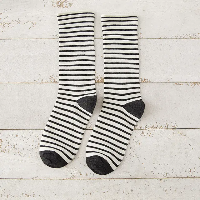 Japanese Style Women's Striped Cotton Mid calf Socks Dark Gray - Shop at LoveMi