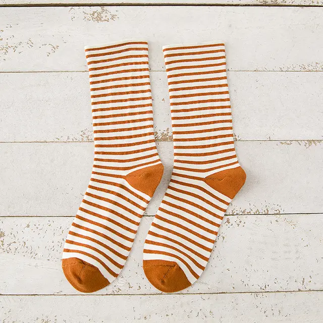 Japanese Style Women's Striped Cotton Mid calf Socks Orange - Shop at LoveMi