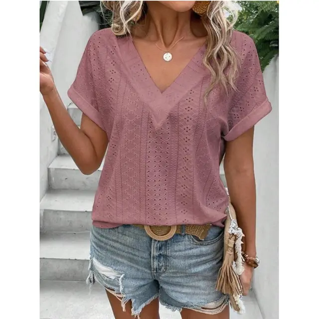 Women's V neck Loose Top Short sleeved T shirt Pink - Shop at LoveMi
