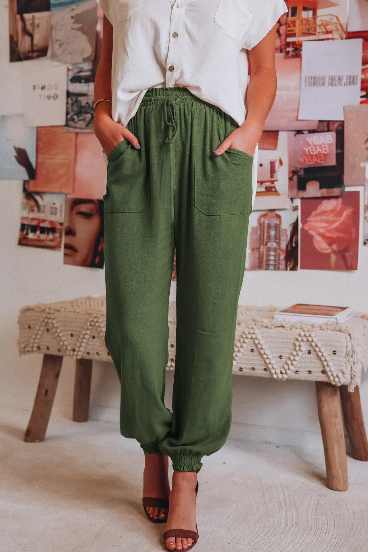 Lantern Pants Solid Cotton Linen Pants - Army Green