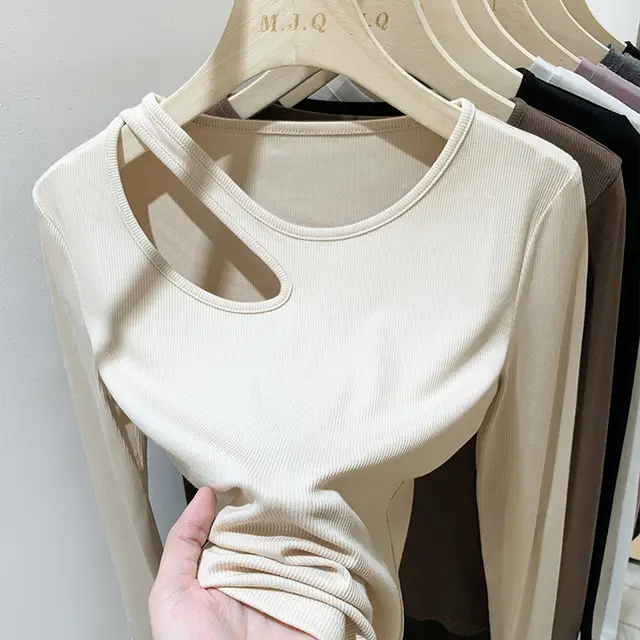 Round Neck Collarbone Bottoming Shirt Women's Hollow Long Sleeve T shirt Apricot - Shop at LoveMi