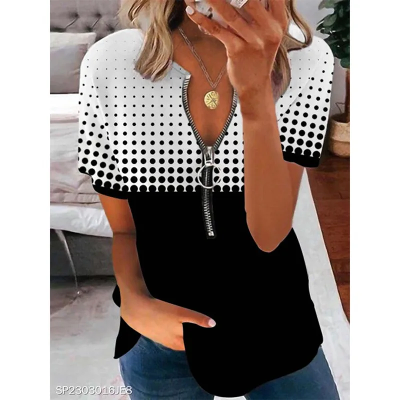 Women's Printing Color Contrast Round Neck Zipper Short Sleeve T shirt Black - Shop at LoveMi