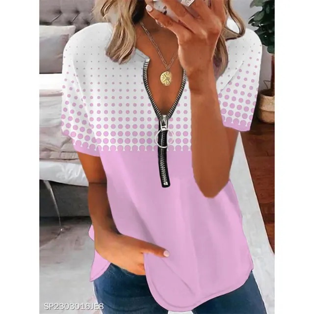 Women's Printing Color Contrast Round Neck Zipper Short Sleeve T shirt Glittering Powder - Shop at LoveMi
