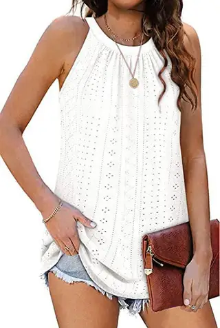 New Women's Vest Shirt Loose High Collar Sleeveless Hollow Top - White