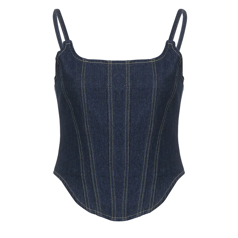 Spicy Girl Vintage Solid Denim Tank With Irregular Hem Slim Drop Top Tan - Shop at LoveMi