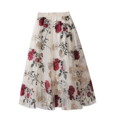 Vintage High Waist Slim Embroidery Big Flower Fashion Sweet Mesh Mid Length Fairy Half Length Dress Apricot Beige - Shop at LoveMi