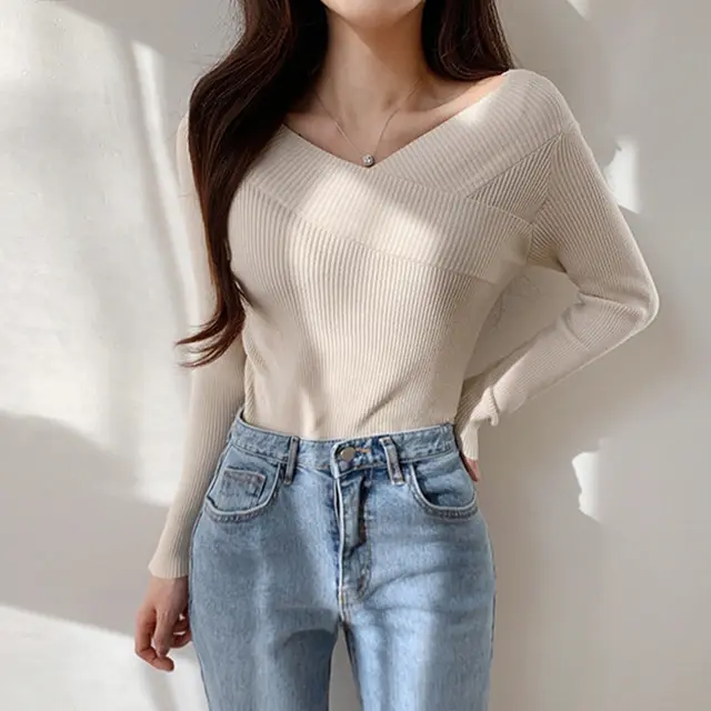 Autumn And Winter Sweater Women's Long Sleeve Top With Bottom Apricot - Shop at LoveMi