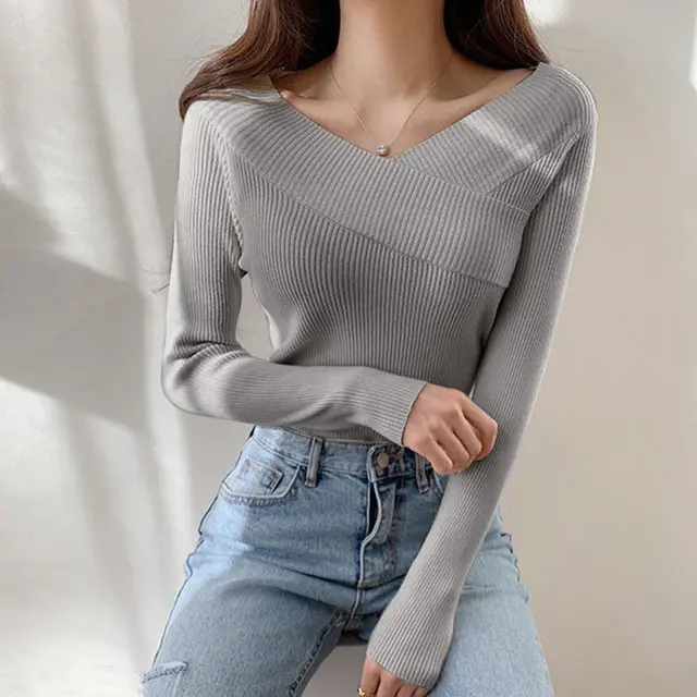 Autumn And Winter Sweater Women's Long Sleeve Top With Bottom Grey - Shop at LoveMi