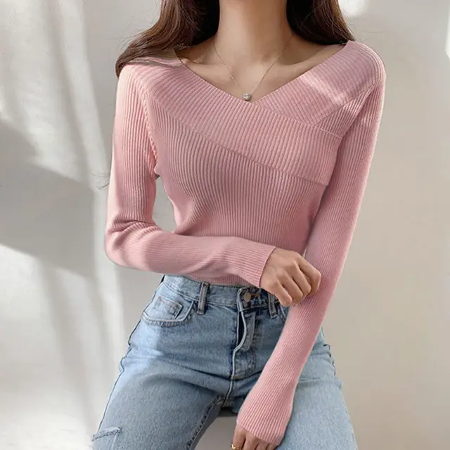 Autumn And Winter Sweater Women's Long Sleeve Top With Bottom Pink - Shop at LoveMi