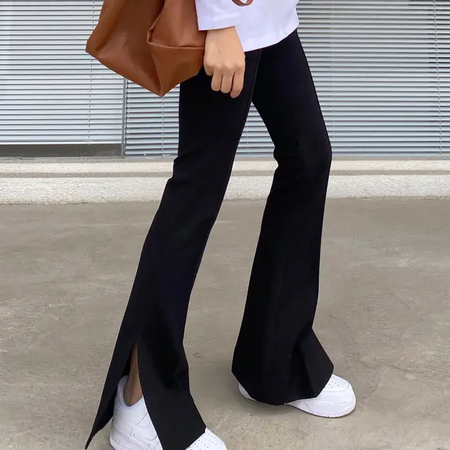 Women's Retro Side Slit Micro Flared Wide Leg Pants Black Long Trousers - Shop at LoveMi