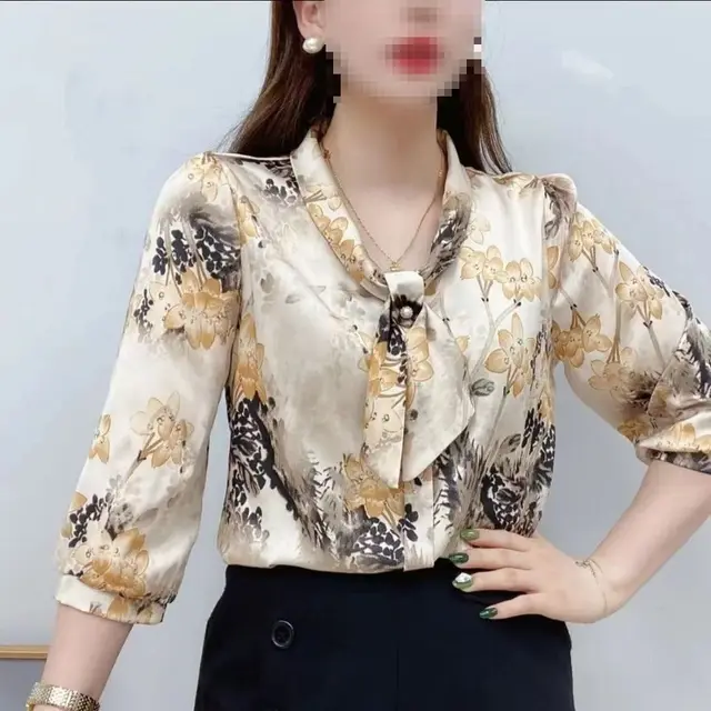 Women's High end Shirt With Beaded Wall Satin Bow Tie Coffee - Shop at LoveMi