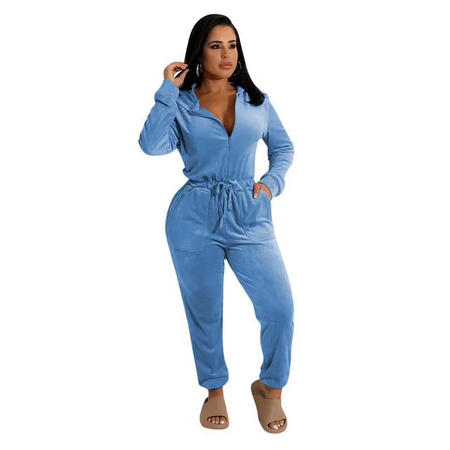 Velvet Long Sleeved Loose Fitting Women's Jumpsuit Blue - Shop at LoveMi