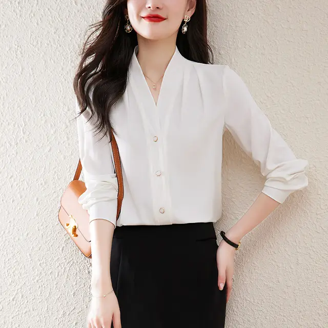 Mulberry Silk Women's New Long Sleeve V Neck Shirt Top White - Shop at LoveMi