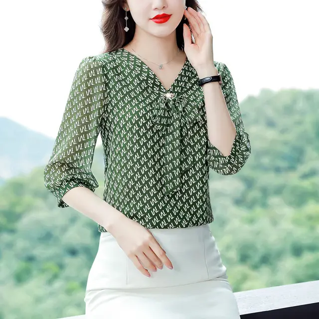 Women's Chiffon Chiffon Fashion Western V neck Top Small Shirt Green - Shop at LoveMi