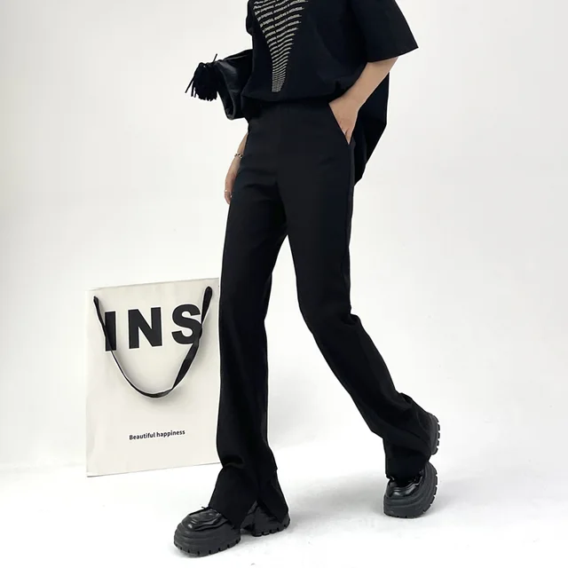 Women's Black High Waist Slit Straight Suit Pants Black Thin Regular - Shop at LoveMi