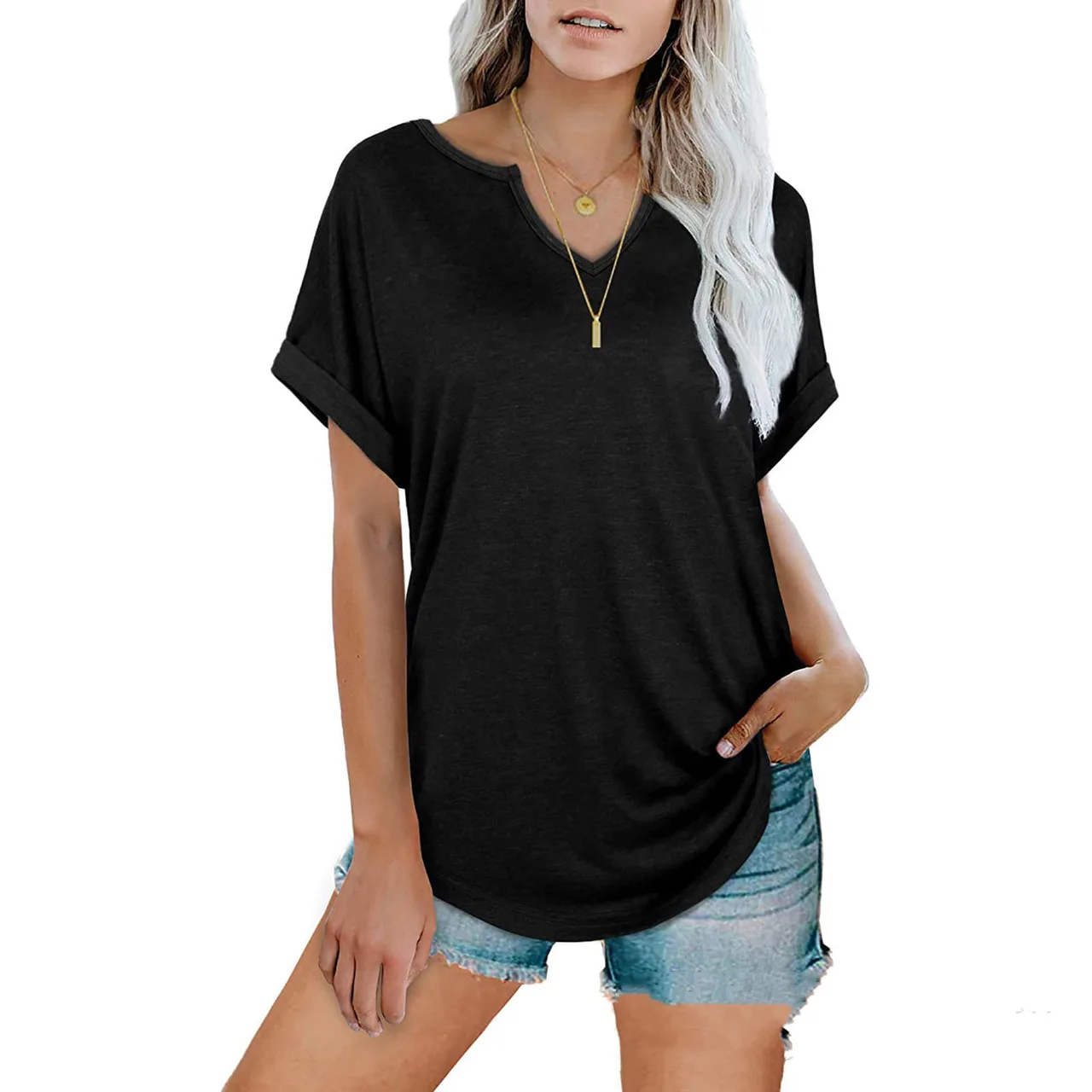 Solid Color V-neck Short-sleeved T-shirt Top Women's Clothing - Black
