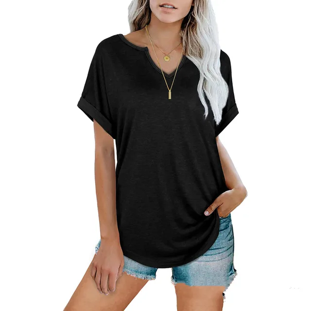 Solid Color V neck Short sleeved T shirt Top Women's Clothing Black - Shop at LoveMi