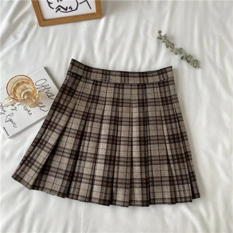 Autumn Winter Retro Coffee Color Plaid High Waist Half length Summer Dress For Women Khaki - Shop at LoveMi