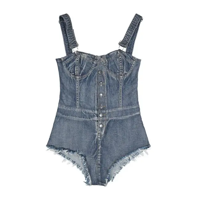 Strappy Square Neck Denim Shorts Bodysuit Blue - Shop at LoveMi