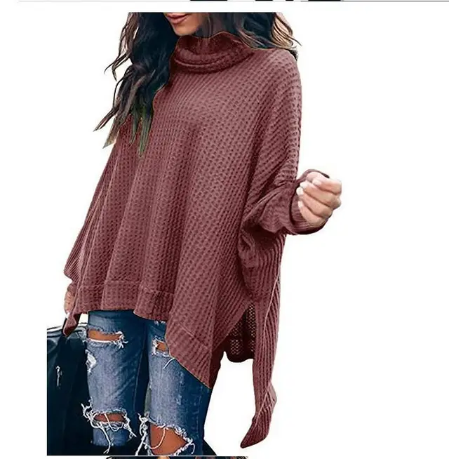 Autumn New Fashion High Collar Long Sleeve Irregular Women's Top Sweater Brick Red - Shop at LoveMi