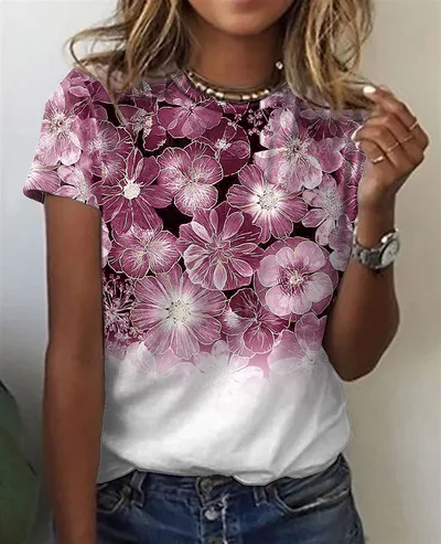 Women's Cotton like 3D Printed Round Neck Short sleeved T shirt Rgb232814R 3Xl - Shop at LoveMi