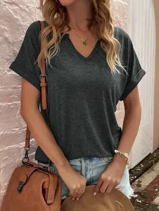 Women's New Solid Neckline Loose Short Sleeve T-shirt - Black