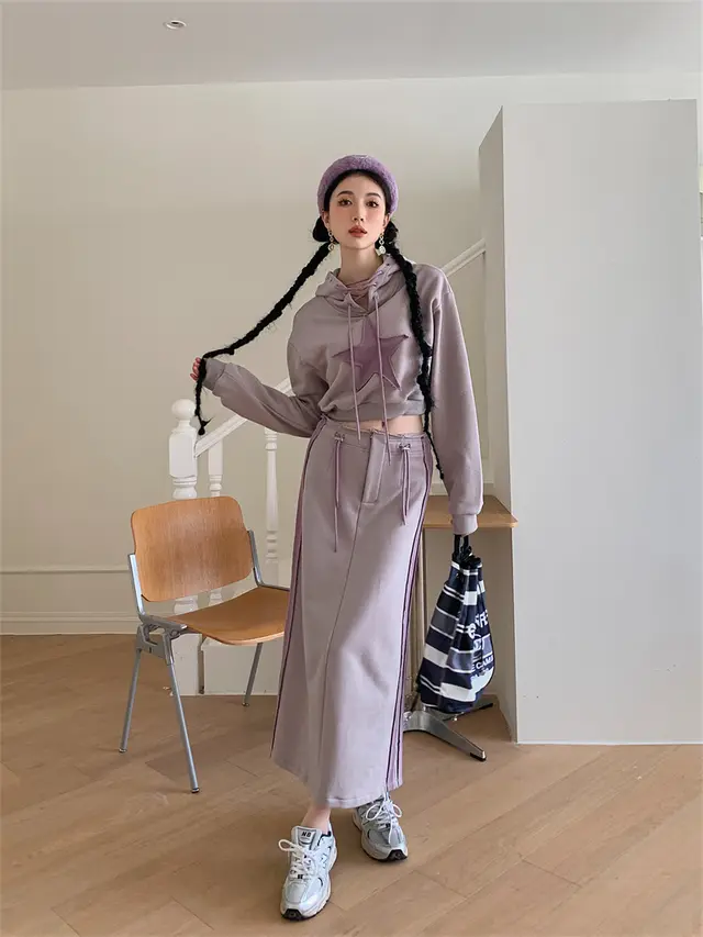 Retro Niche Five pointed Star Hooded Short Purple Sweater Women Grey Skirt - Shop at LoveMi