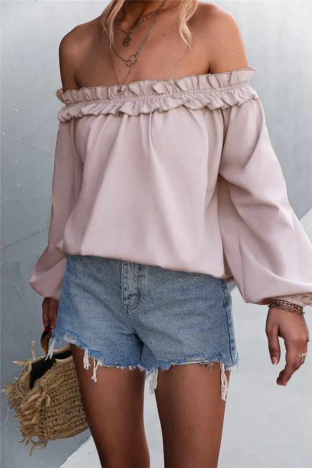 Solid Color Sexy Off the shoulder Lantern Sleeve T shirt Top For Women Lotus Root Pink - Shop at LoveMi