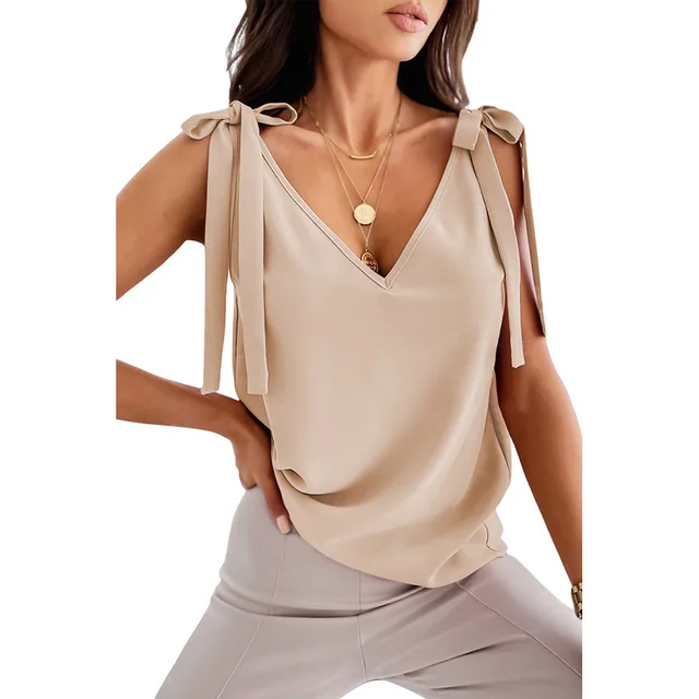 Shoulder Lace up Bow Suspenders Vest Women's Sweet V neck Top Apricot - Shop at LoveMi