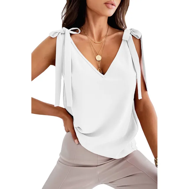 Shoulder Lace up Bow Suspenders Vest Women's Sweet V neck Top White - Shop at LoveMi