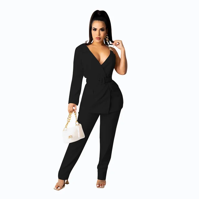 European And American Fashion Invisible Snap Single side Sleeve Chain Belt Suit Two piece Suit Black - Shop at LoveMi
