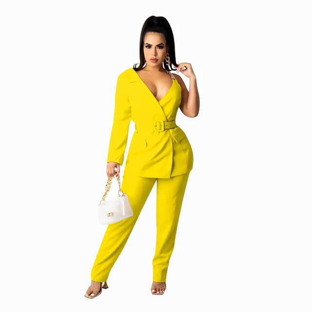 European And American Fashion Invisible Snap Single side Sleeve Chain Belt Suit Two piece Suit Yellow - Shop at LoveMi