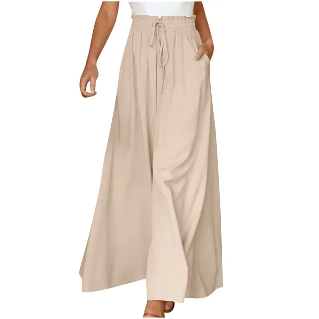 Women's Fashion Wide Leg Elastic Waistband Wide Leg High Waist Long Dress Pants Apricot - Shop at LoveMi