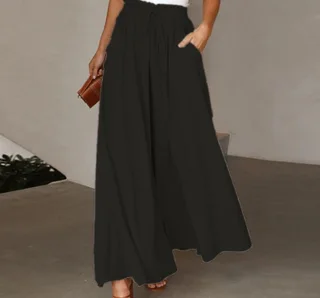 Women's Fashion Wide Leg Elastic Waistband Wide Leg High Waist Long Dress Pants - Black
