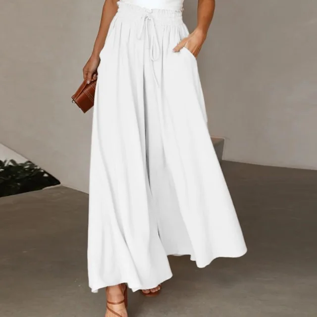 Women's Fashion Wide Leg Elastic Waistband Wide Leg High Waist Long Dress Pants White - Shop at LoveMi