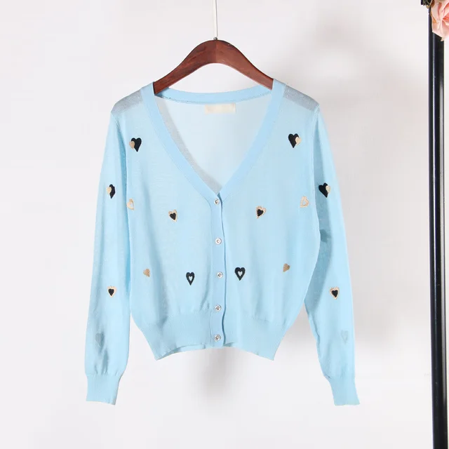 New Embroidered V neck Ice Silk Knitted Cardigan Women's Coat Blue - Shop at LoveMi