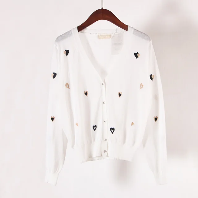 New Embroidered V neck Ice Silk Knitted Cardigan Women's Coat White - Shop at LoveMi