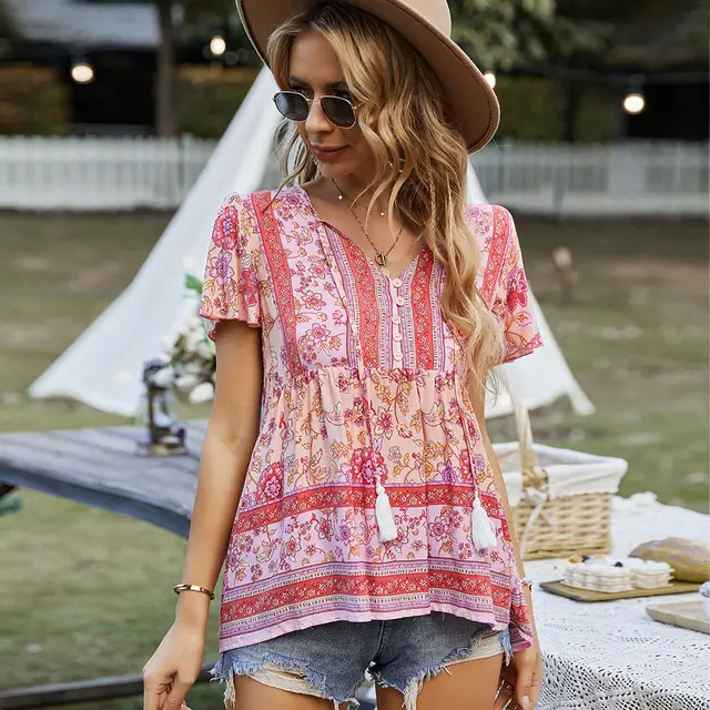 Fashion Women's Wear Bohemian Casual Vacation Style Top Pink - Shop at LoveMi