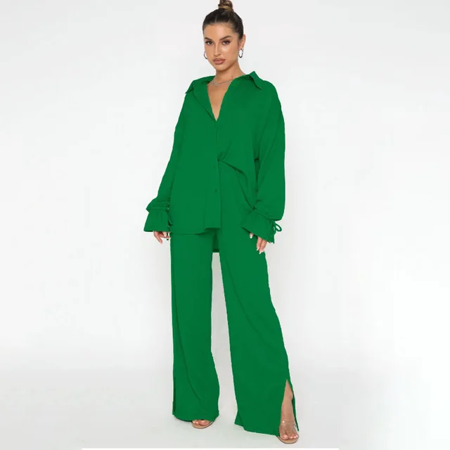 Solid Color Polo Collar Single breasted Long Sleeve Tied Top Smart Trousers Suit Green - Shop at LoveMi