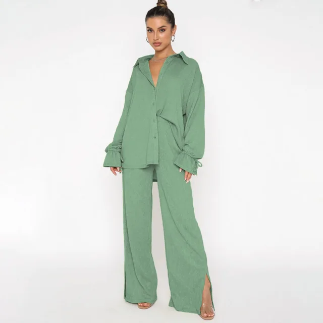 Solid Color Polo Collar Single breasted Long Sleeve Tied Top Smart Trousers Suit Light Green - Shop at LoveMi