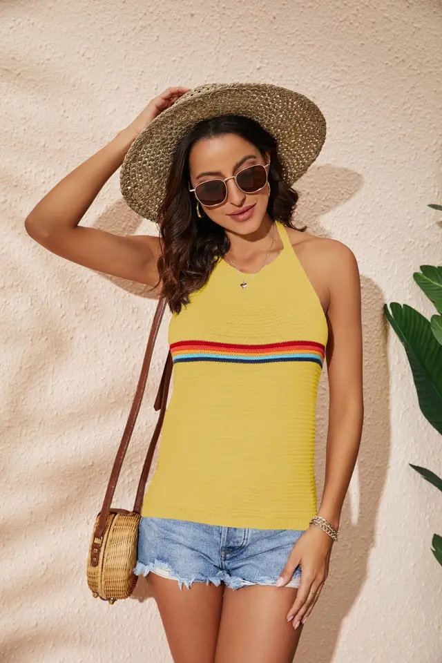 Women's Clothing Rainbow Color blocking Halter Top Fashion Backless Knitted Lace up Vest Yellow - Shop at LoveMi