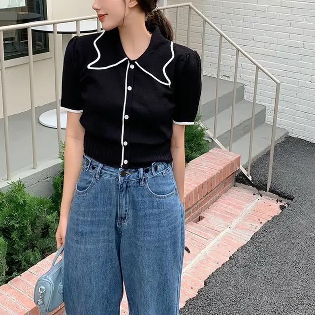 Thin Section Ice Silk Knit Polo Shirt For Women Black - Shop at LoveMi